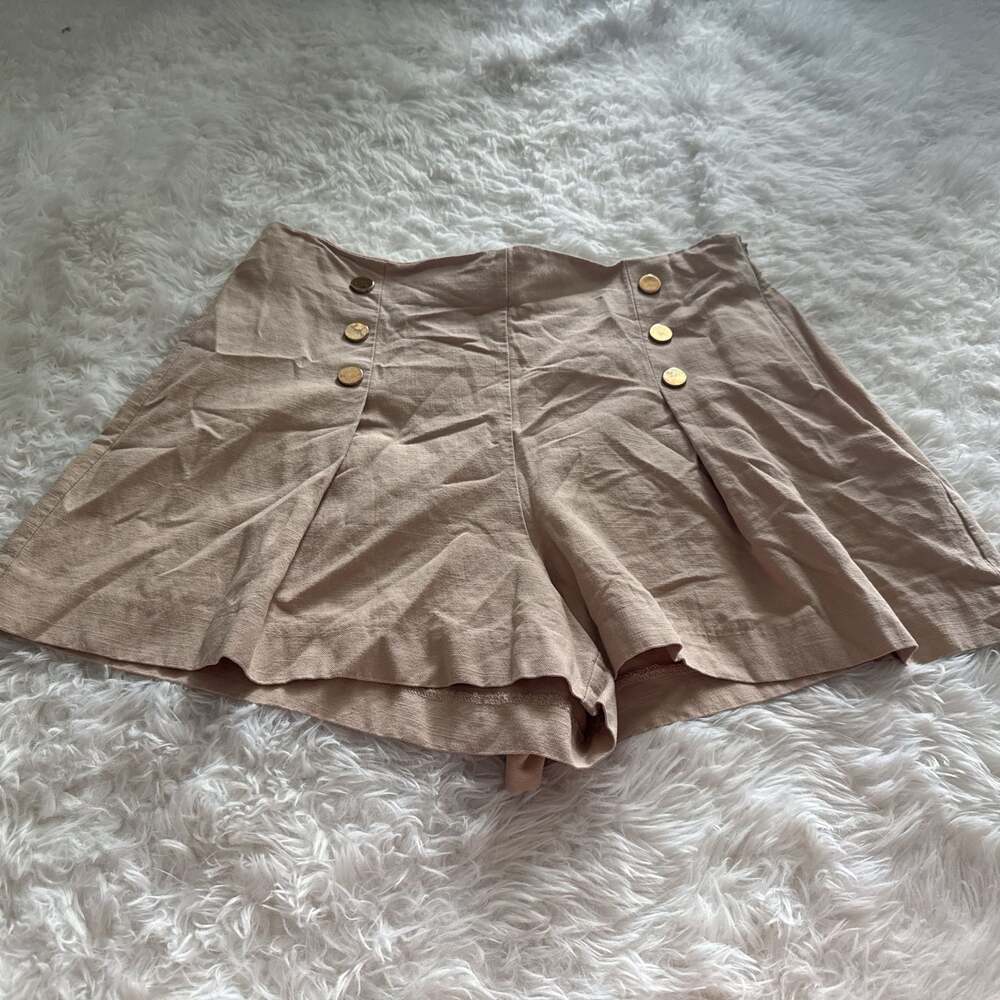 Zara High-Waisted Tan Linen-Blend‎ Shorts with Gold Buttons Large